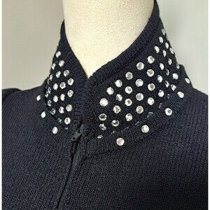 VTG 80s Antonella Preve Black Knit Dress Sz L Bling Collar Zip Up Classy Retro